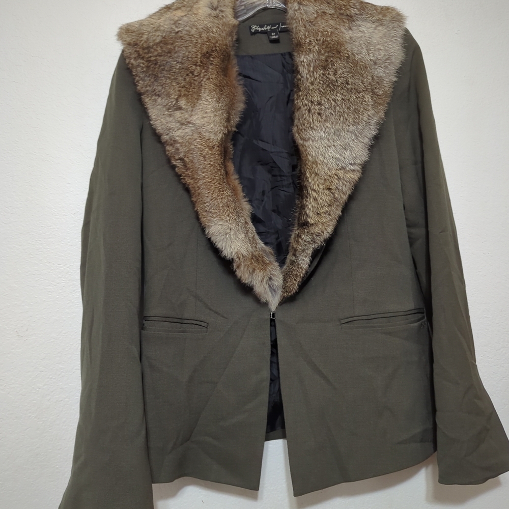 Elizabeth And James Olive Green Wool Blazer Jacket Size 10 Removable Fur